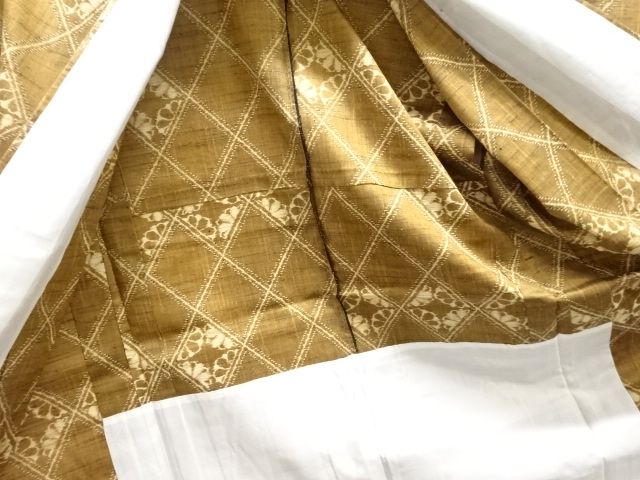  斜め格子に花模様織り出し手織り紬単衣着物